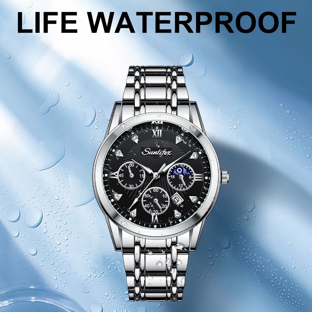 Sunlifex Jam Tangan Pria Original 9004A Kuarsa Calendar Tali Stainless Steel Mode Santai Jam Tangan Cowok-4