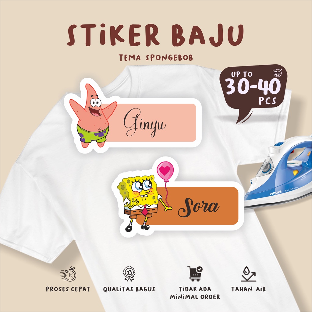 

(30-40pcs)Murahh anti luntur/cetak Stiker Kain Label Baju Nama Anak tema SPONGEBOB / Sablon Setrika Name /Label Sticker Iron on sticker a