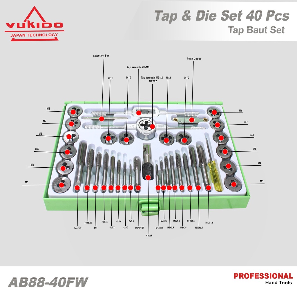 YUKIDO Tap And Die Set Alat Senai Tap Ulir Drat Baut Mur Set 40 Pcs