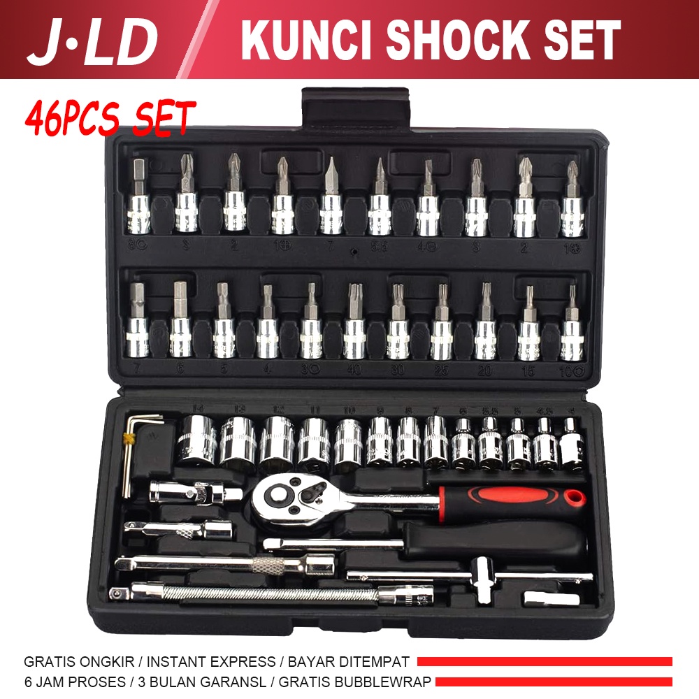 JLD kunci 1set lengkap 46 Pcs kunci shock set 1/4” Kunci Sok Socket Wrench Pas socket Set Mobil Moto
