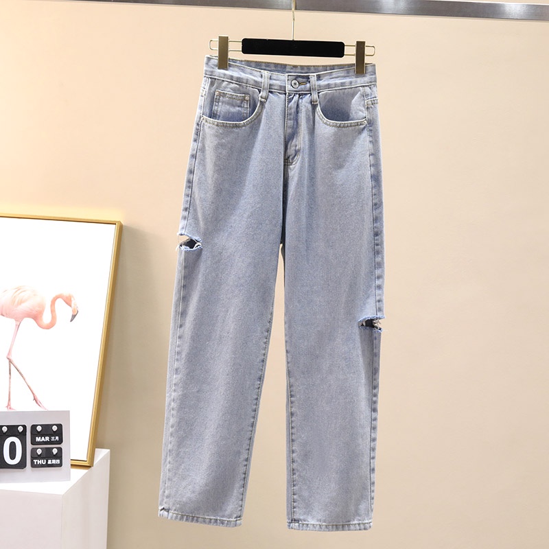 Robek-robek highwaist  loose celana jeans wanita Ukuran Jumbo