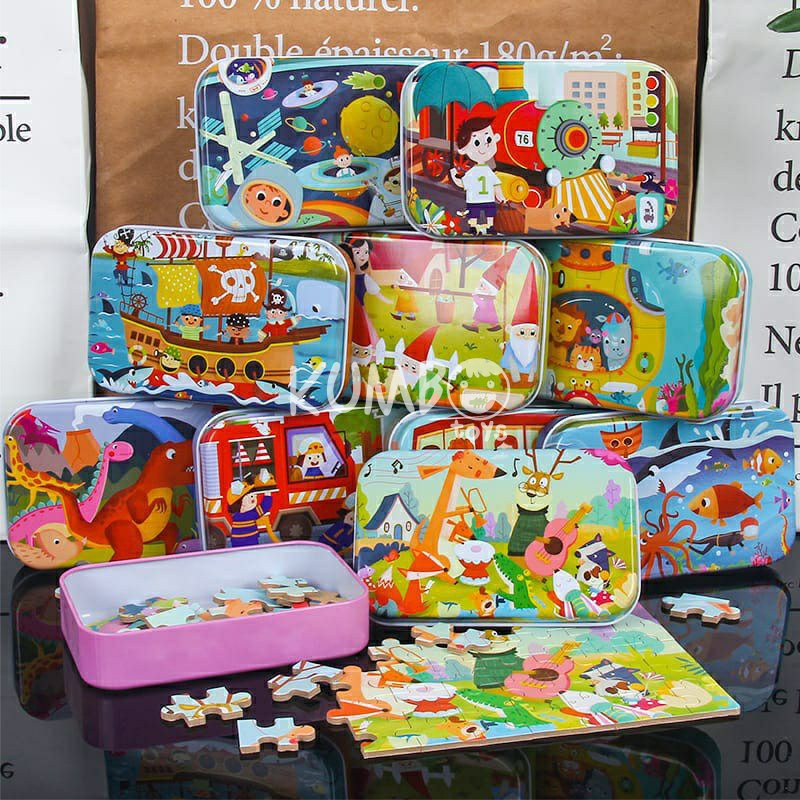 Mainan Edukasi Anak Puzzle Kayu Wooden Puzzle Kotak Besi 60pcs