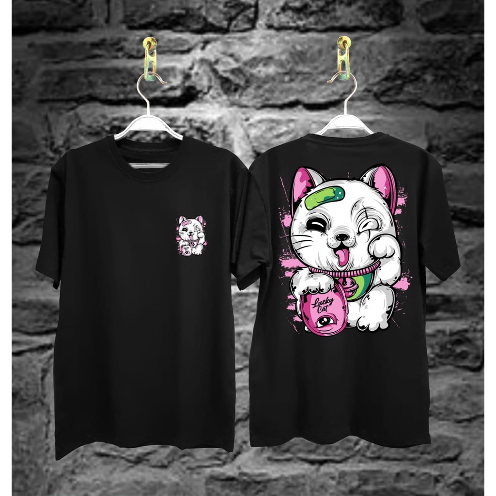 Kaos Tshirt Pria Terbaru Samurai Jepang Kucing Koin Warna Hitam Distro Lengan Pendek Motif Sablon Bergambar Keren