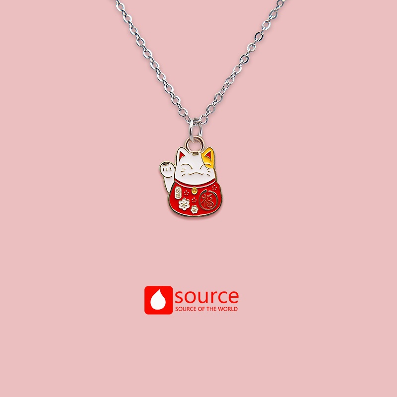 Kalung Rantai Liontin Kartun Kucing Keberuntungan Bahan Stainless Steel Alloy Untuk Wanita