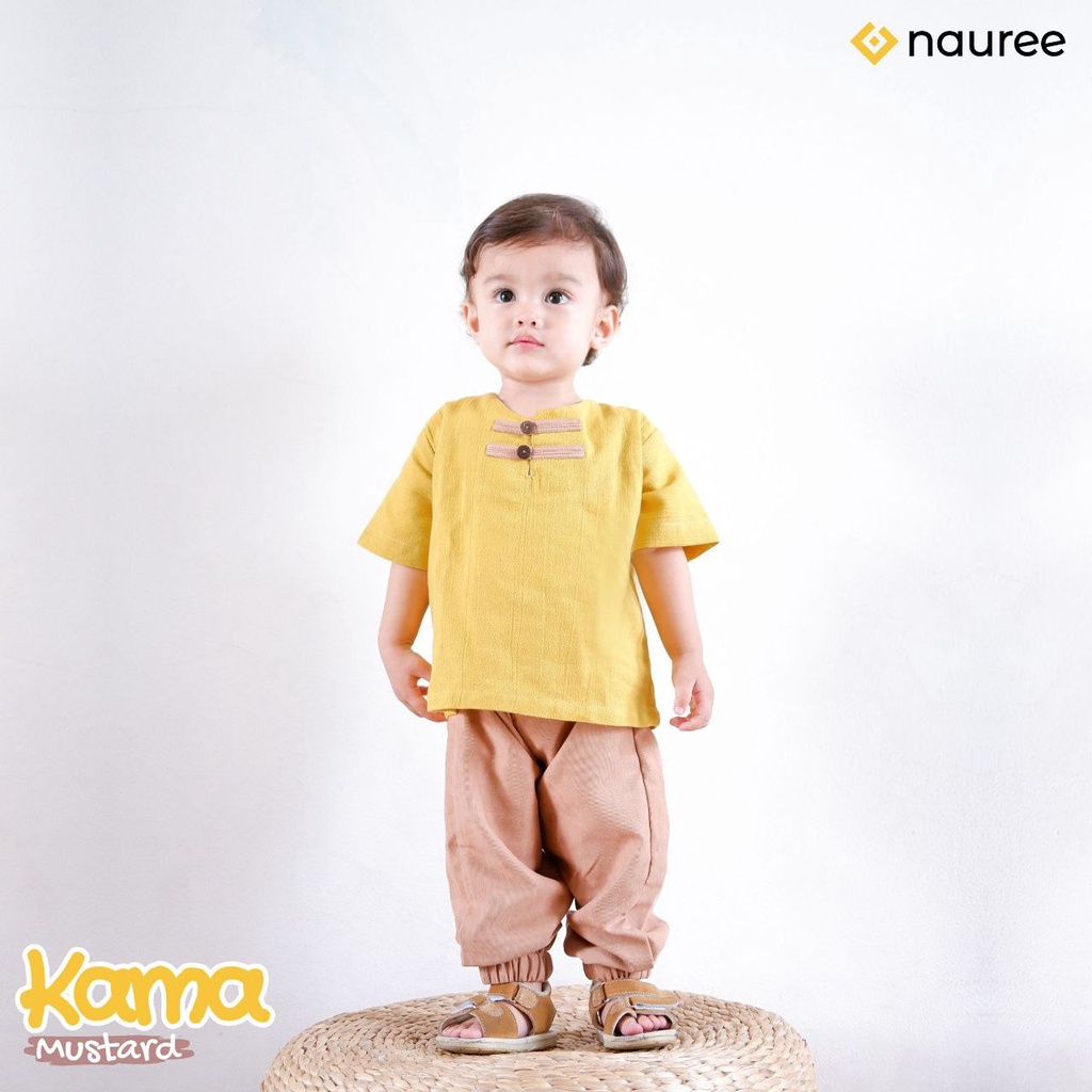 Nauree - Baju Setelan Anak Laki Laki Kama Untuk Usia 1 2 3 4 5 6 7 8 Tahun Warna Mustard Demin Polos Bahan Linen Crinkle &amp; Baby Coduroy Linen Crinkle Kualitas Premium Untuk Jalan Jalan Lembut Modern Lucu Trendy Murah Jahitan Rapih  &quot;