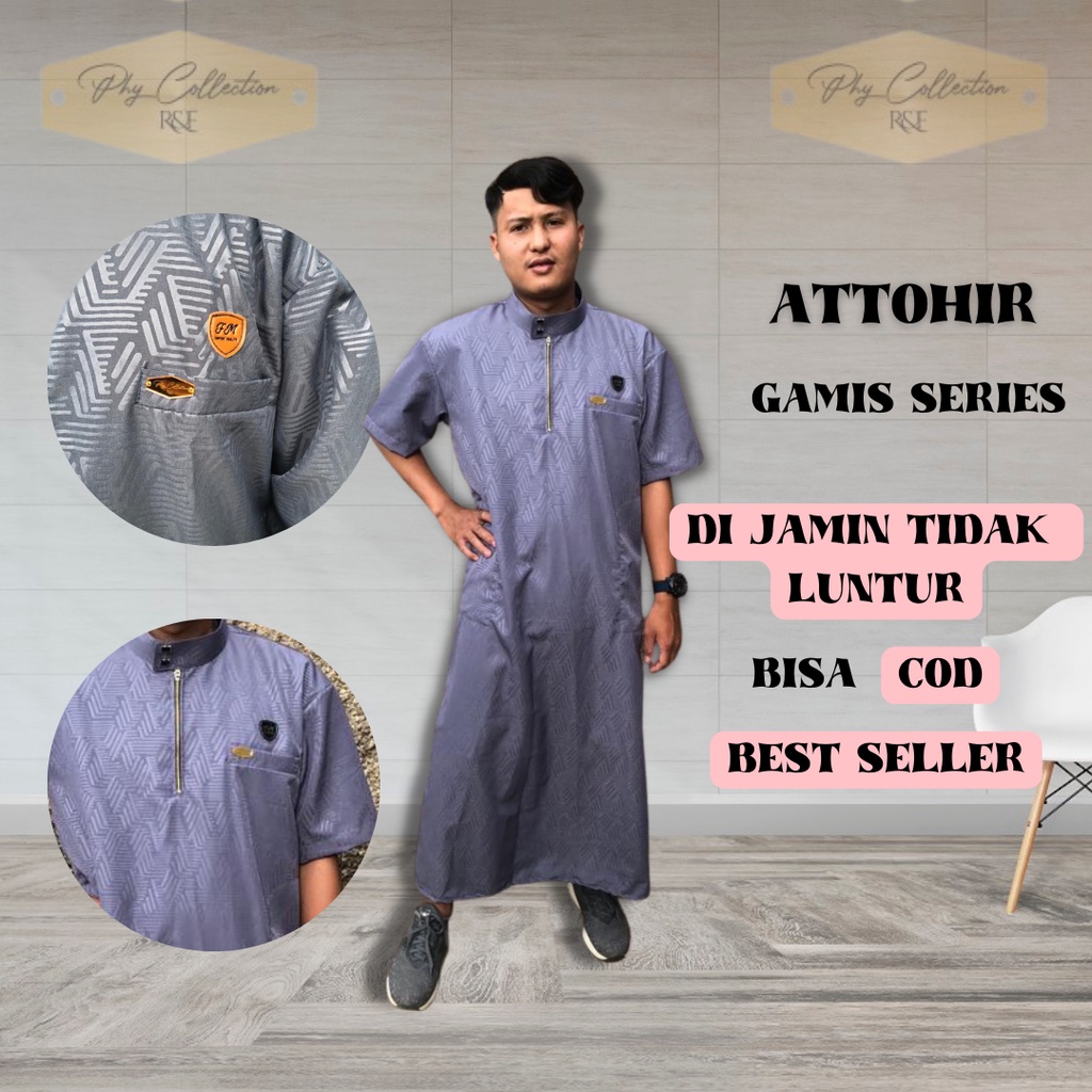 ATTOHIR Jubah Gamis Pria Laki Laki Dewasa Cowok Remaja Model Haromain Motif Embos Lengan Pendek Kancing Snap  Ukuran S M L XL XXL XXXL