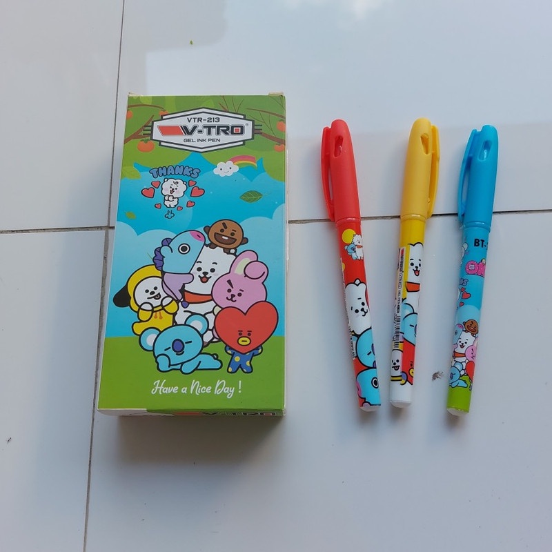 1 LUSIN Pulpen Gel Fancy Hitam BTS Vtro Gel Pen - 1 Pack Isi 12 Buah