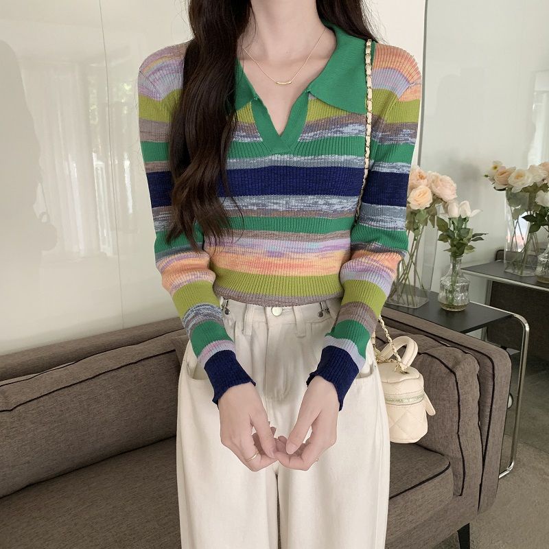 YIU YIU Rajut - Baju Rajut Wanita Kaos Lengan Panjang Stripe Sweater Terbaru Korean Style