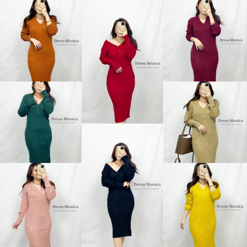 DRESS RAJUT LENGAN PANJANG KERAH V DRESS BODYCON DRESS RAJUT TERBARU RAJUT KOREA MONICA DRESS RAJUT 