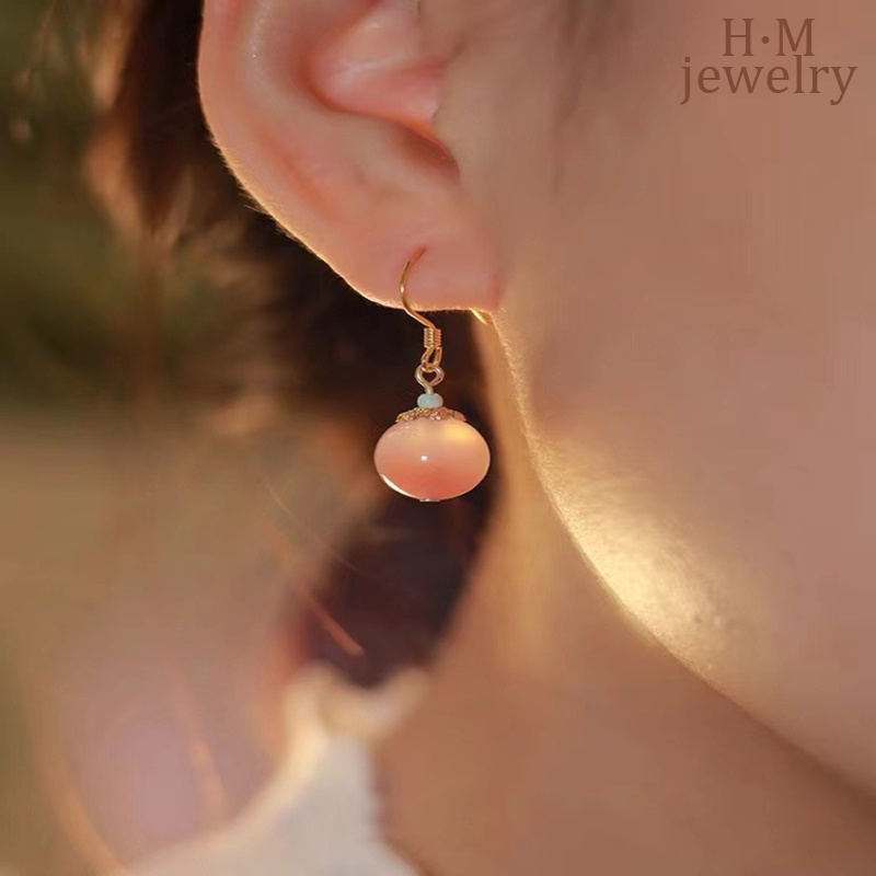 Anting Kait Gantung Temperament Desain Bunga Peach Hias Agate Merahpink Gaya Vintage Untuk Wanita