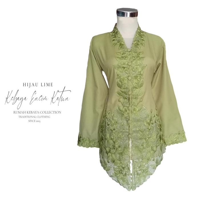 Kebaya Encim Bordir Modern Kartini Katun Hijau Lime Lengan Panjang