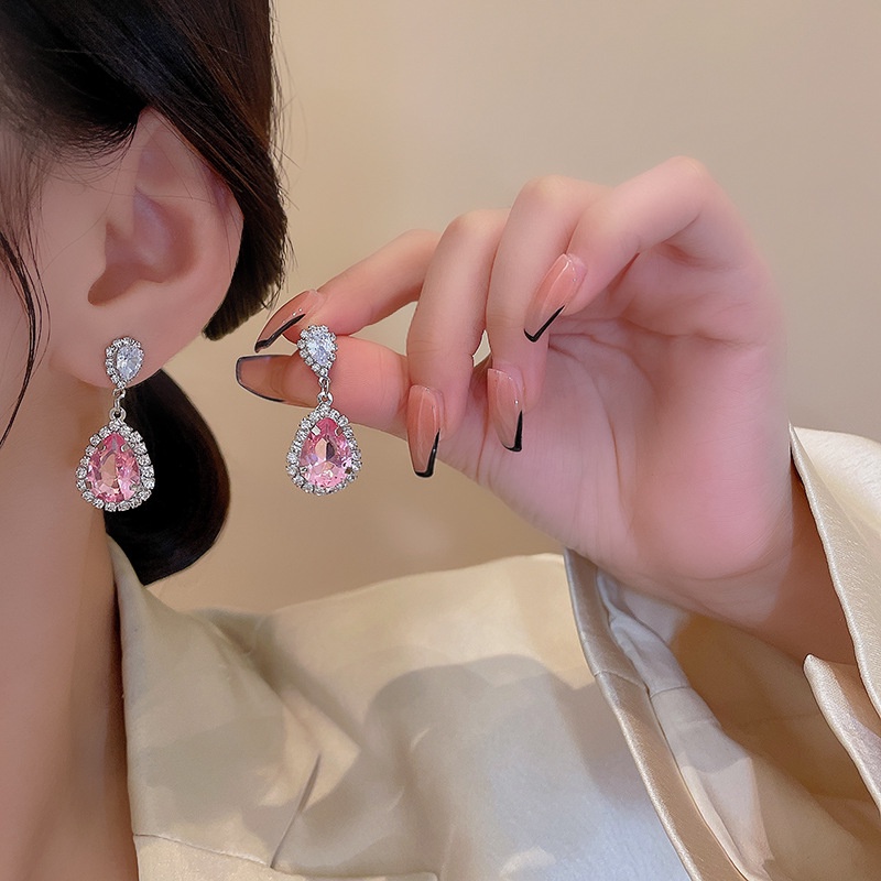 Anting Tusuk Sterling silver 925 Desain Tetesan Air Hias Kristal Zircon Pink Mewah Untuk Wanita