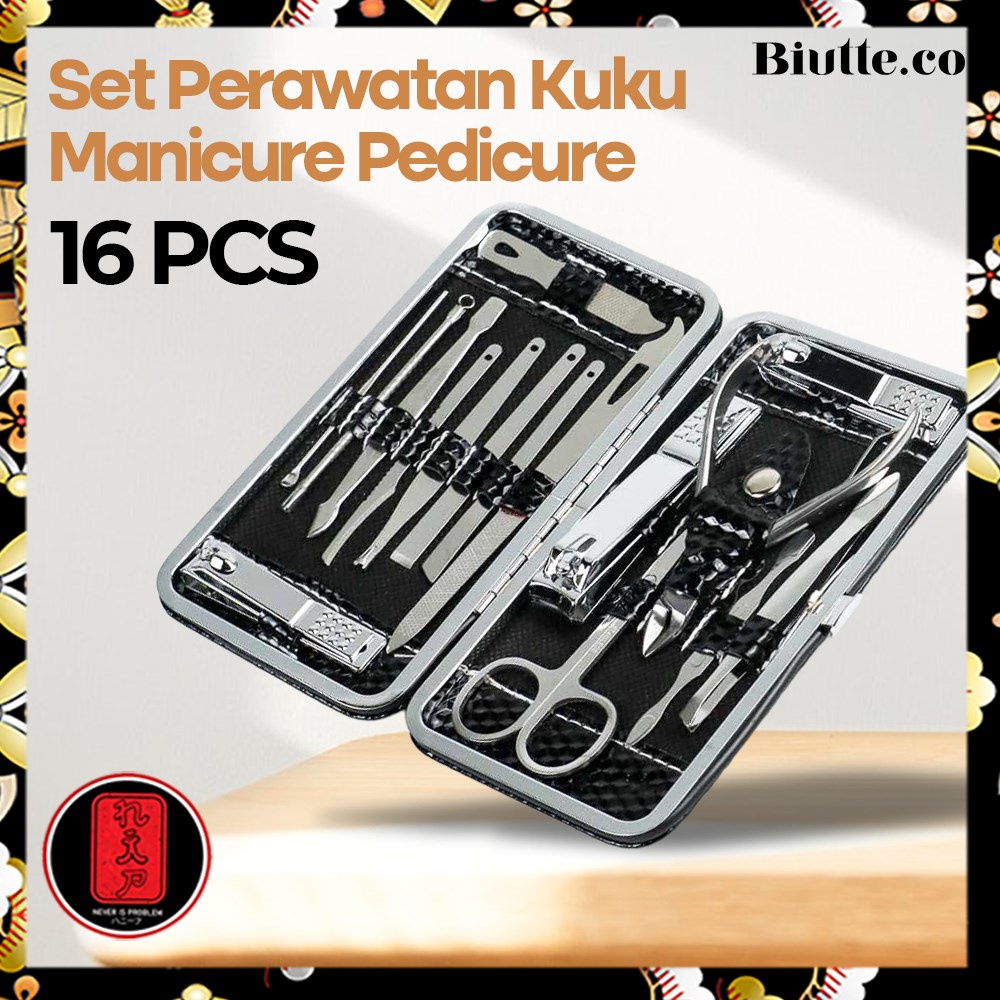 Set Perawatan Kuku Nail Art Manicure Pedicure 16 in 1 - MJ1096-01 - Black/ gunting kuku set stainless / Perawatan kuku / perawatan kuku alat kecantikan / perawatan kuku dan kaki / Bast Seller