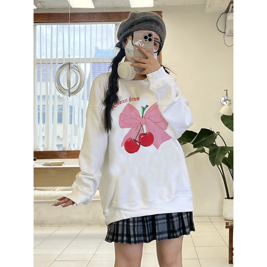 EUNII Sweater Lengan Panjang Cherry Bow Korean Style/Hoodie Oversize/Baju Wanita/Switer Wanita