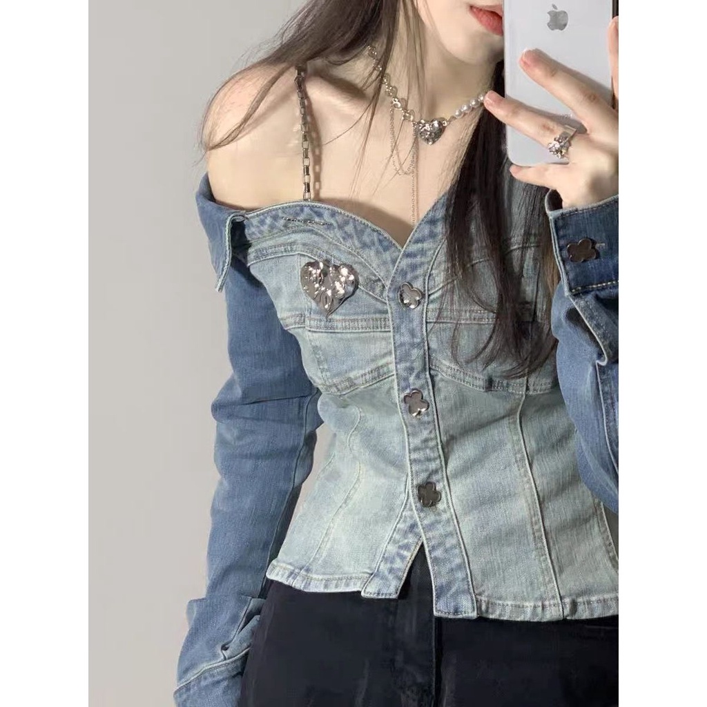 Suhao Off-The-Shoulder Rantai Kemeja Denim Wanita Musim Gugur 2022 Desain Baru Rasa Niche Hot Girls Slim pendek Biru Muda Top