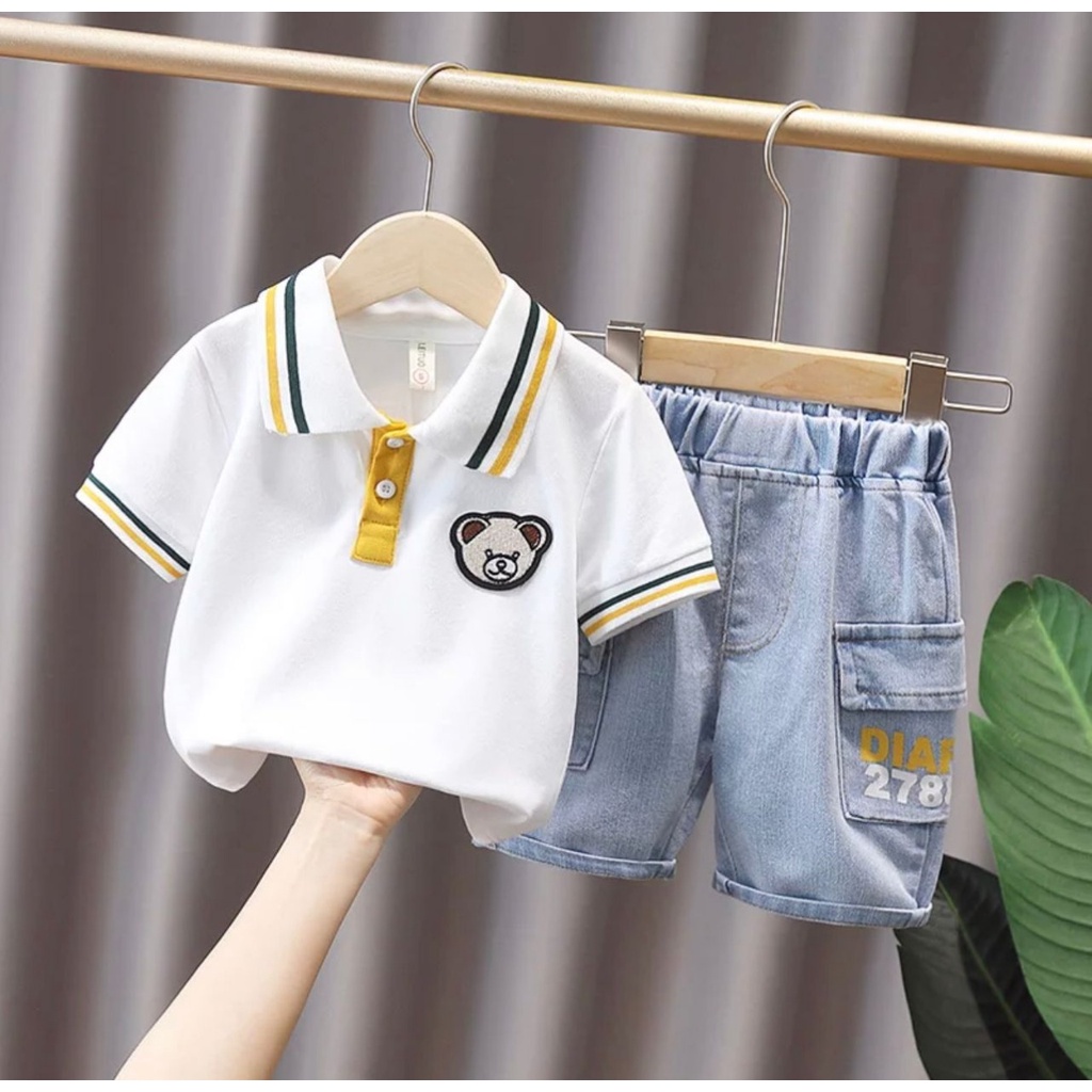 PAKAIAN ANAK LAKI-LAKI DAN PEREMPUAN USIA 1-5 TAHUN  NEW FASHION TERLARIS HARGA GROSIR MOTIF POLO PANDA 278 SETELAN PENDEK DENIM KAOS POLO TRANDY  2022