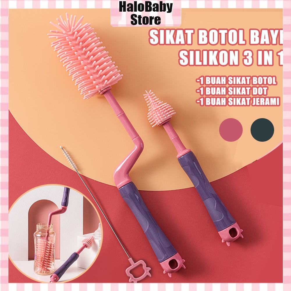 Halo Baby sikat botol bayi silikon 3 in 1/Pembersih botol silikon/Dot Susu Bayi Bottle Brush