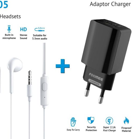 Foomee QA05 Wired Headset Stereo Sound+Foomee CC17S Single U Charger