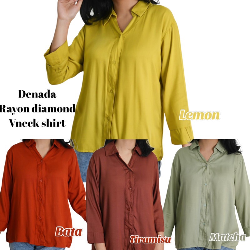 Tq88indonesia Fashion Baju Atasan Wanita Terbaru / DENADA RAYON DIAMOND VNECK DAILY SHIRT KEMEJA / Hem Polos Lengan Panjang / Busan Casual Cewek / Kem / Ootd Casual