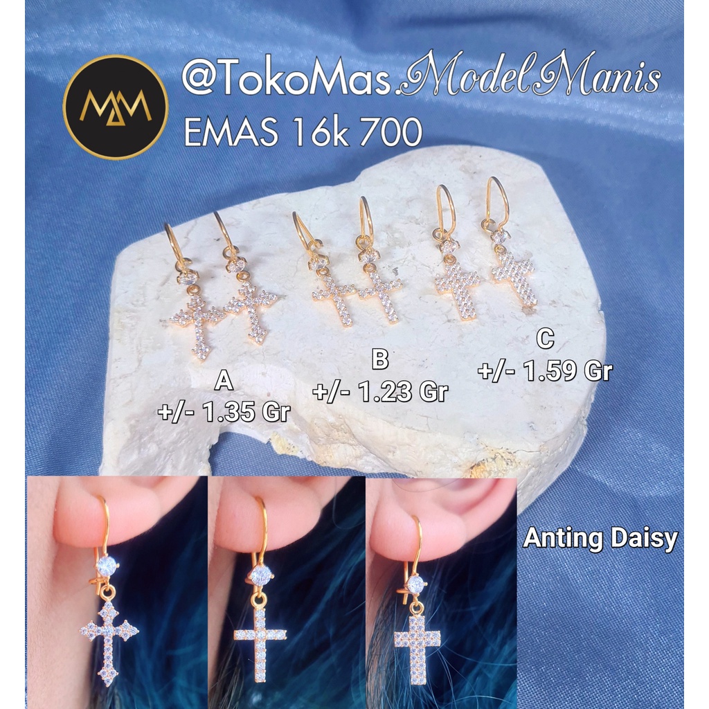 Anting salib gantung emas kuning 700 kadar 17k