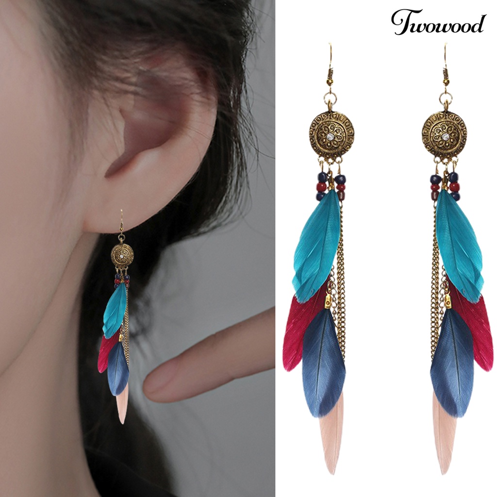 1 Pasang Anting Rantai Panjang Rumbai Bulu Electroplating Gaya Bohemian Etnik Vintage Untuk Wanita