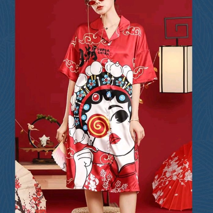 0413 Baju Pajamas CNY Piyama dres baju tidur satin hijau merah wanita premium import baju Pajamas pi