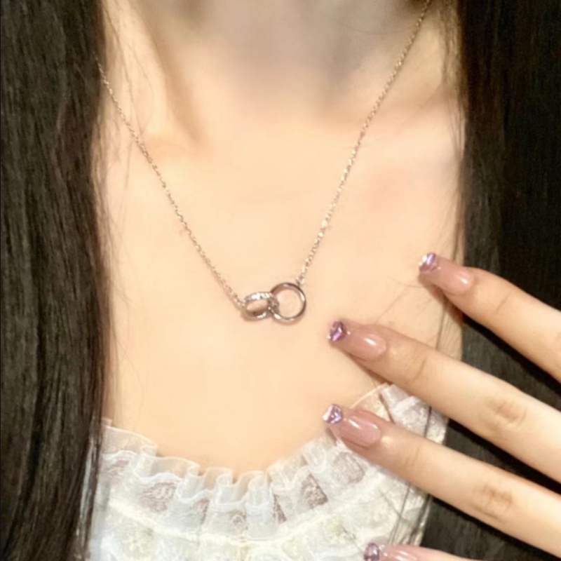 Roselife Kalung Rantai Liontin Cincin Ganda Aksen Zircon Warna Silver Untuk Perhiasan Wanita