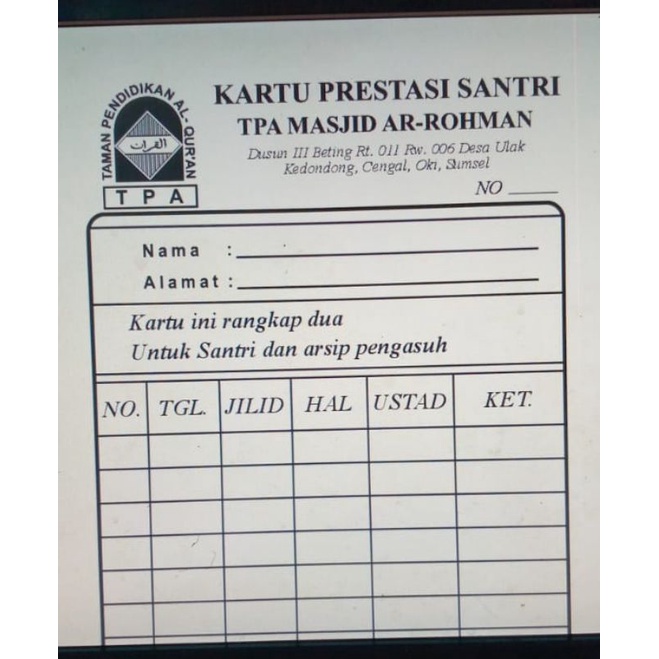 

Kartu prestasi santri custom judul isi 200 kartu