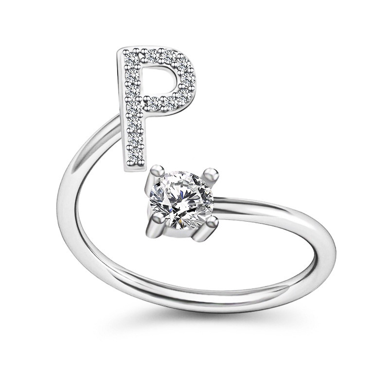 Korea Sederhana Surat Liar Berlian 26huruf Inggris Terbuka Adjustable Cincin Halo Perhiasan Gadis-P