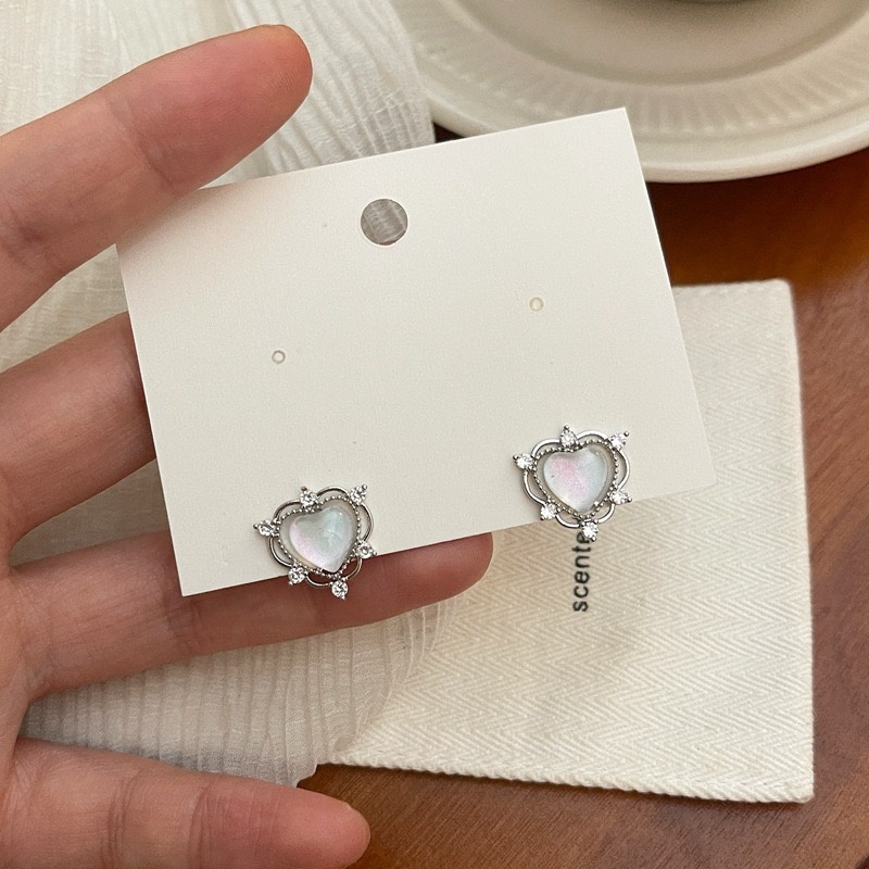 Anting Tusuk Silver Wanita Desain Hati Hias Opal Gaya Korea