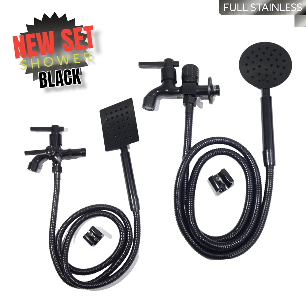 paket shower black hitam + kran cabang PROMO / shower black hitam + kran cabang black / Shower Full Stainless SUS 304 Black