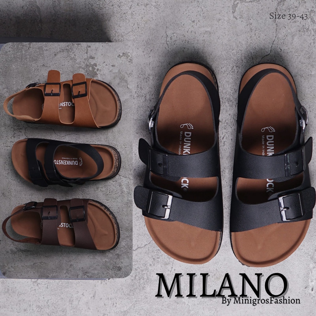 Dunkenstock MILANO Sandal Slop Pria Sendal Slide Cowok Model Birken Gesper Ban Dua Tali Belakang Bahan Kulit Sol Karet Kekinian