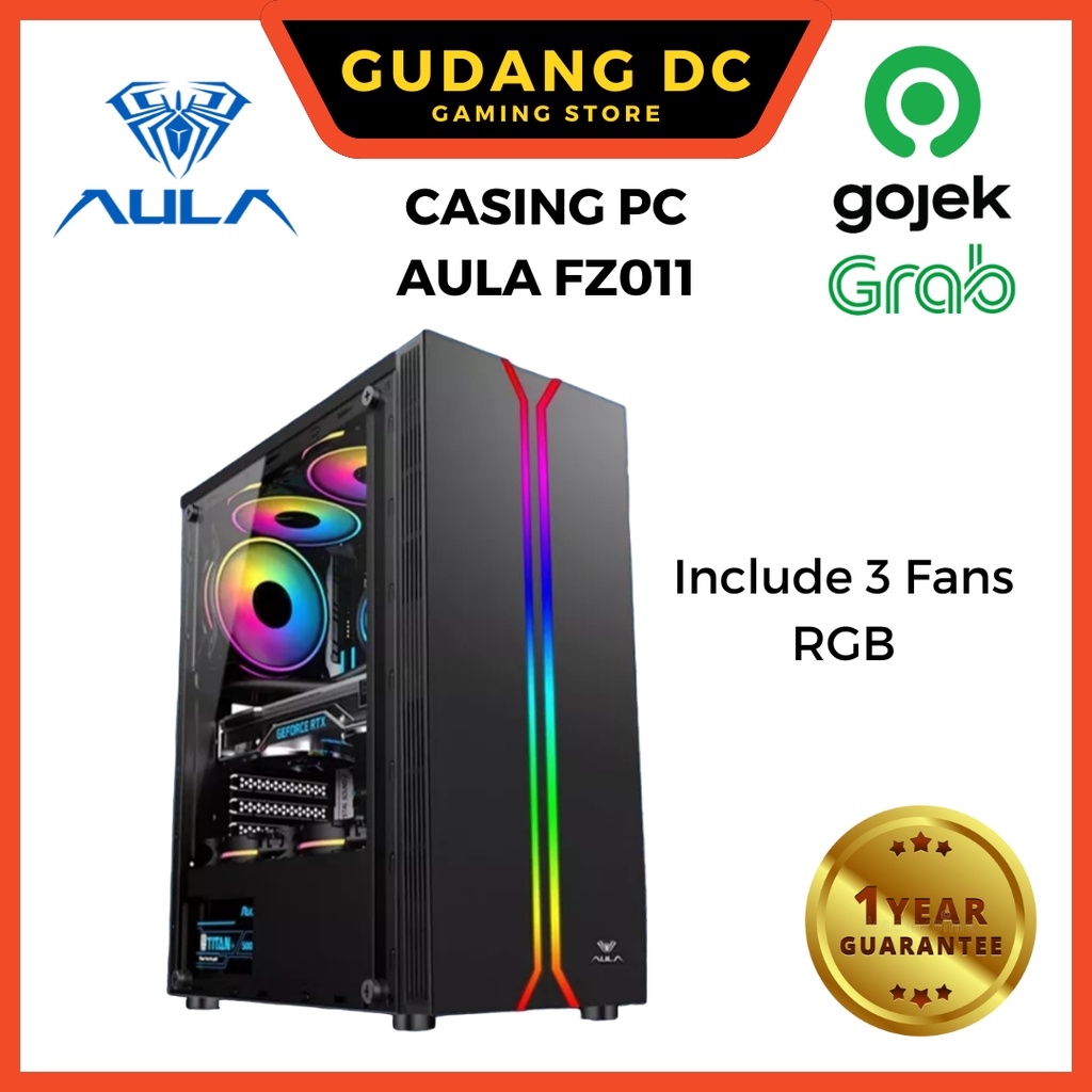 Casing PC Gaming include 3 fans RGB DUAL STRIP RGB LED switch model PC Case AULA REACTOR FZ011