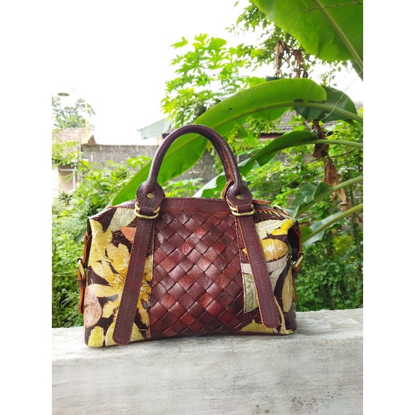 Tas handbag ecoprint Tas kulit anyam ecoprint