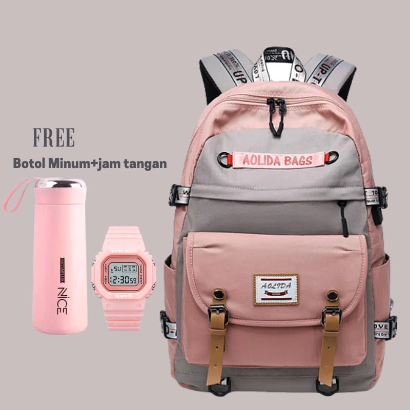 Tasmurah - AOLLIDA Ransel Backpack  Tas Sekolah Wanita / Terbaru Populer 2022 Tas Sekolah Wanita Versi Korea Ransel Siswa Sekolah Menengah Pertama Sekolah Dasar Dalam Ransel Jepang Ransel Korea Murah Tas Punggung Perempuan Dewasa Sederhana-Pink Free Botol+jam