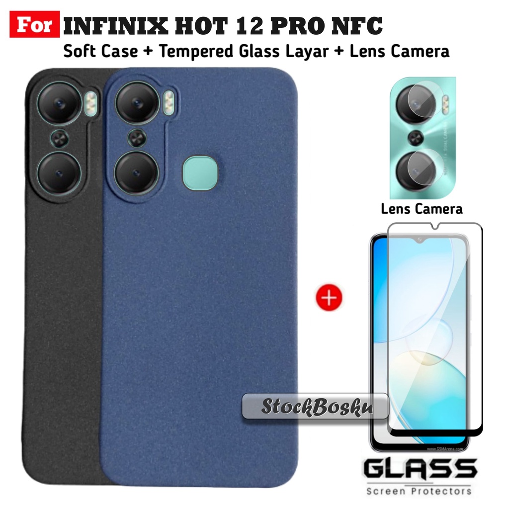 Paket 3in1 Case Infinix Hot 12 Pro NFC Case Matte Sandstone Free Screen Guard Dan  Lens Camera Handphone