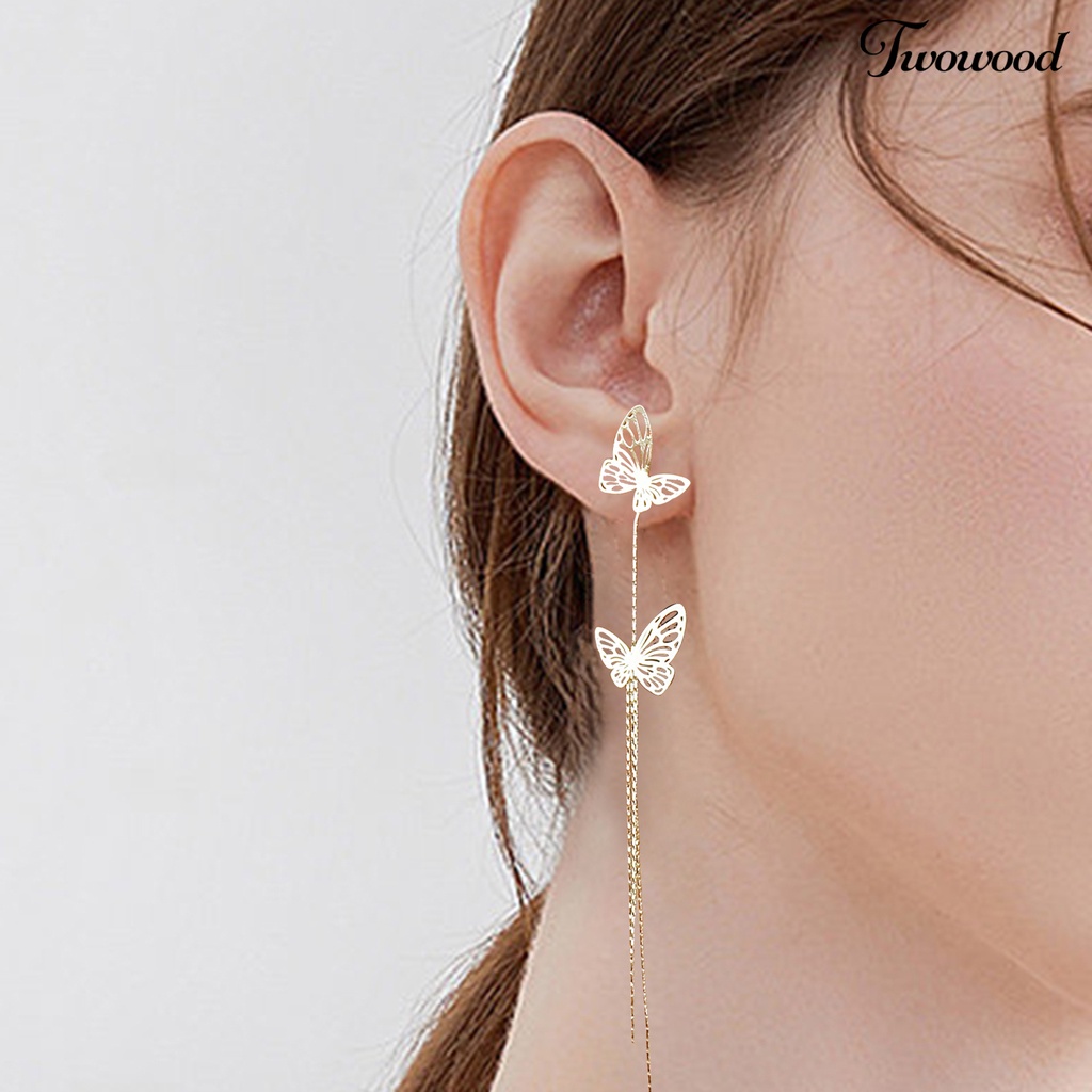 Anting Juntai Panjang Model Hollow Butterfly Bahan Metal Untuk Wanita