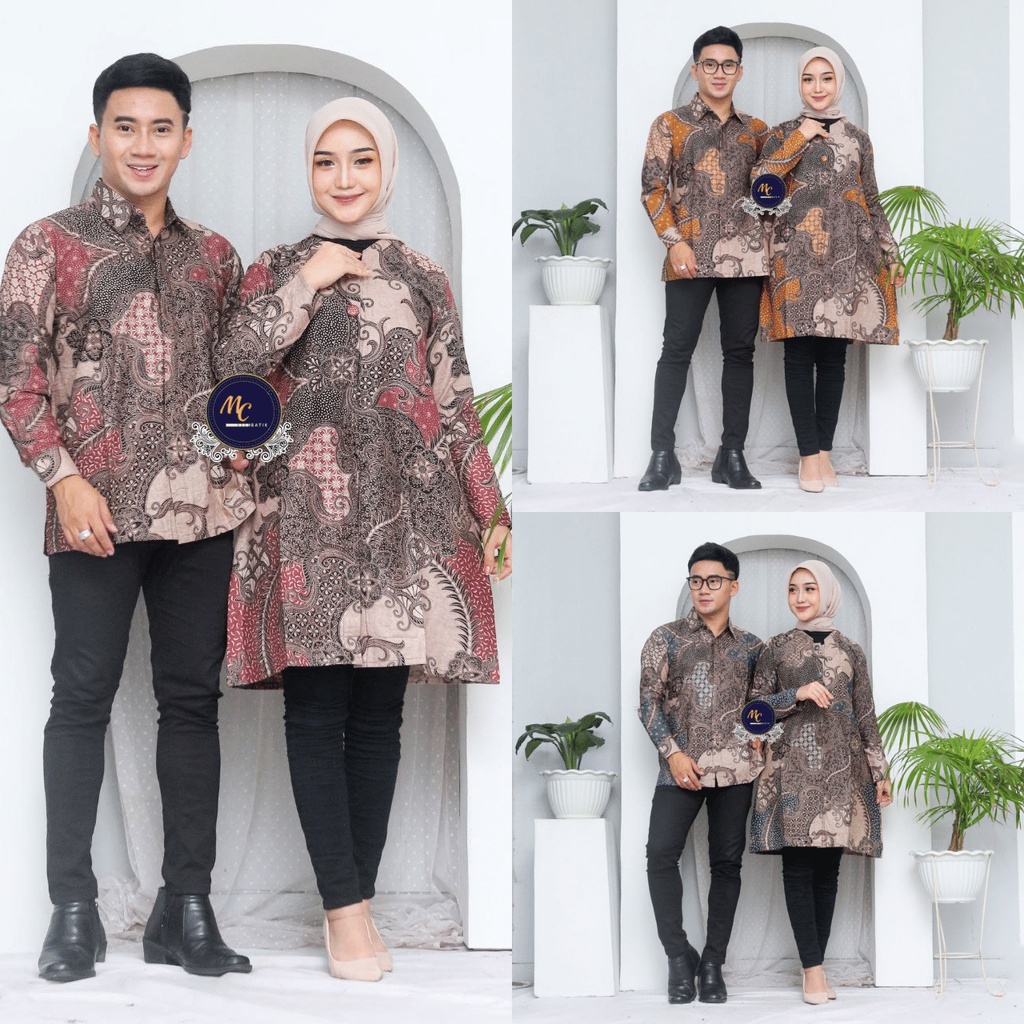 Set Batik Couple (MCbatik) - Batik Couple Tunik Full Kancing Depan Kemeja Lengan Panjang M L XL XXL Jumbo