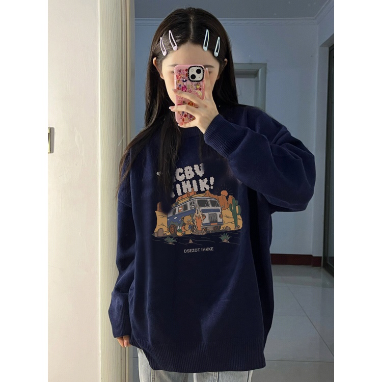 EUNII Sweater Lengan Panjang Cartoon Desert Bus Korean Style/Hoodie Oversize/Baju Wanita/Switer Wanita