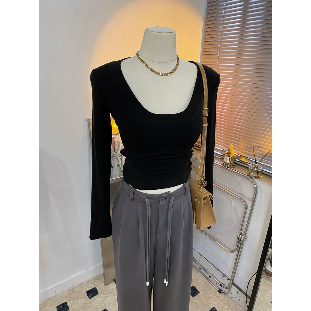 Red Ini sangat bagus untuk dipakai di dalam dan di luar ~ rendah U-neck garis leher besar pit strip bulu hangat pendek pullover T-shirt musim dingin wanita kemeja bottoming