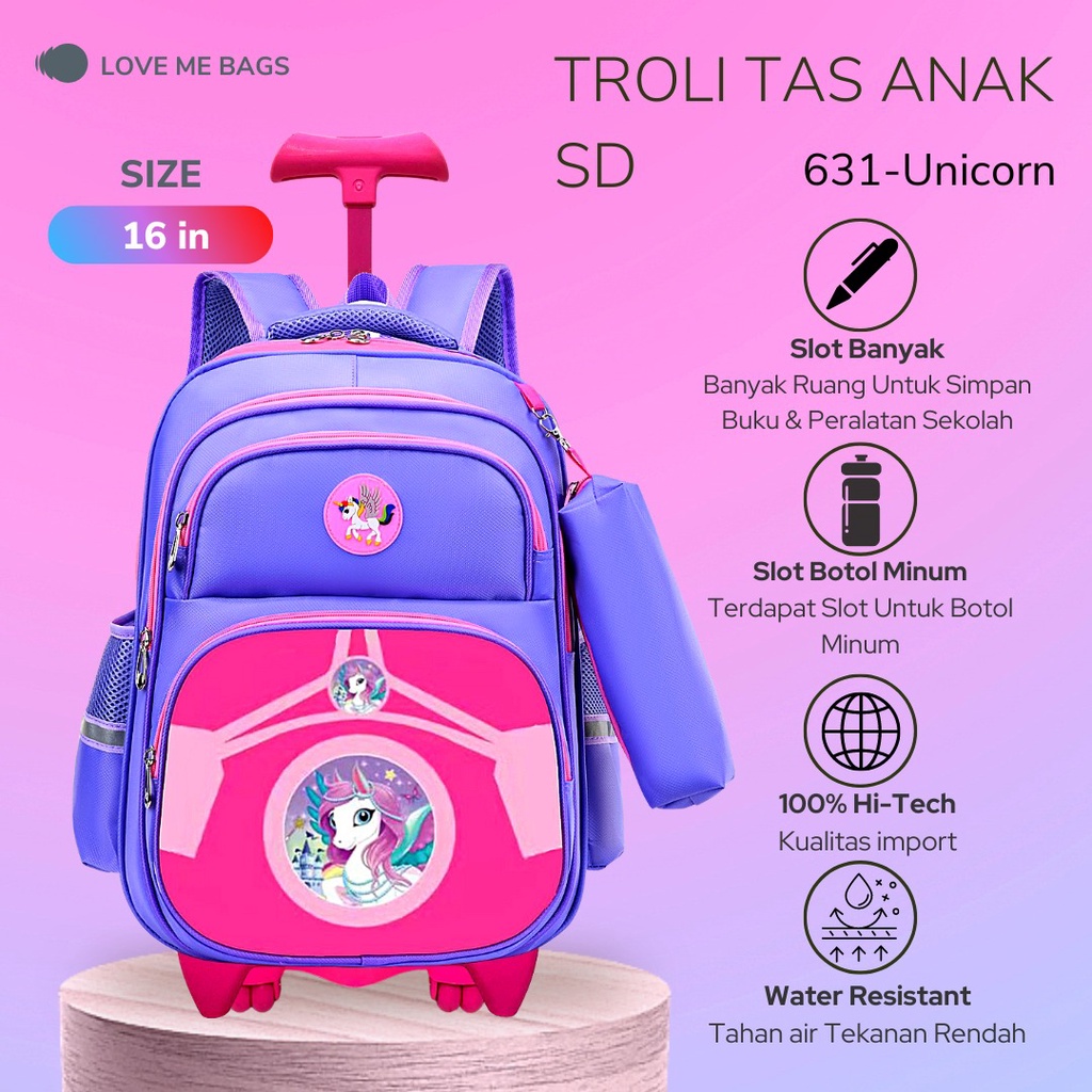 LMB Tas Troli Anak Perempuan Sd Roda Dorong Trolley Gambar Unicorn Kuda Pony Timbul 6D Import