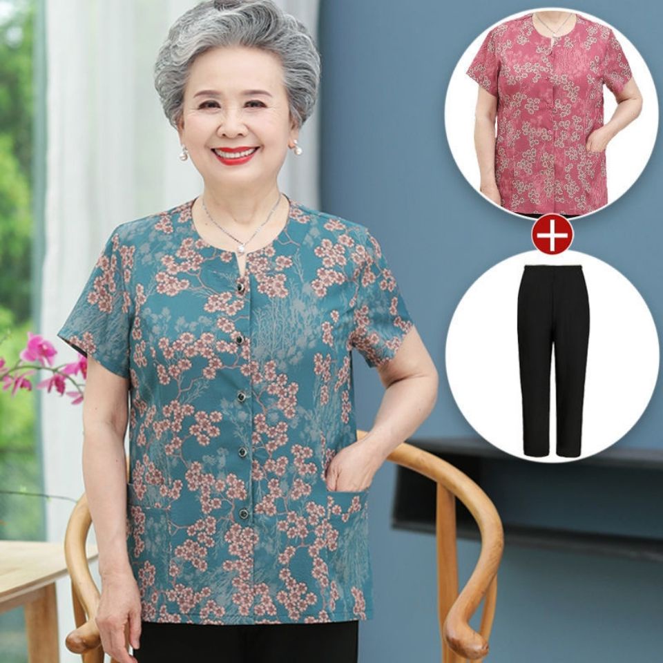 Gaun musim panas wanita yang berusia tengah dan tua blus baju lengan pendek ibu blus baju musim pana