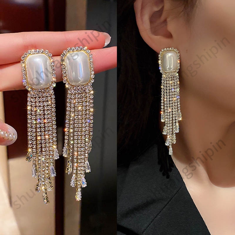 Anting Rumbai Panjang Hias Berlian Imitasi Gaya Eropa Amerika