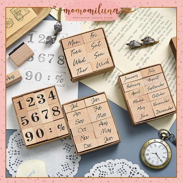 

1 set wooden stamp vintage retro month week day diy journal scrapbook stempel kayu bulan hari kawai estetik MK1364