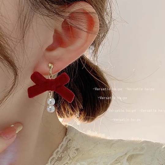 Anting Klip Telinga Panjang Bahan 925 Silver Aksen Mutiara Warna Merah Untuk Wanita