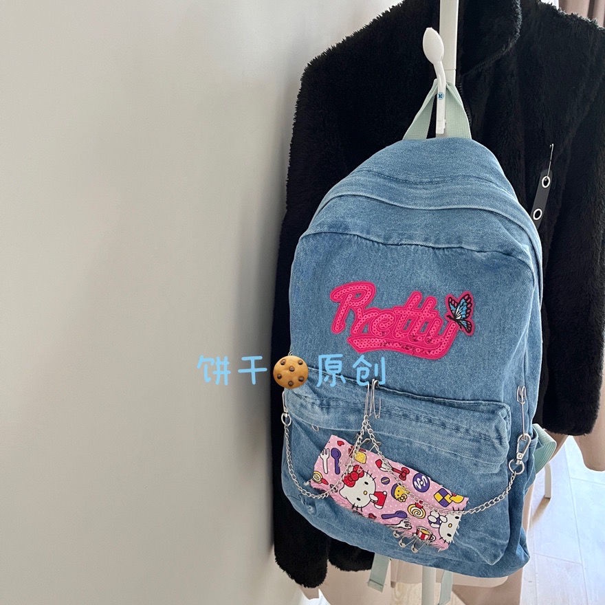 Sera Asli Y2K Cute Hello Kitty Kapasitas Besar Jahitan Denim Bumi Keren In Hot Gadis Single Bahu Ransel Wild High Street