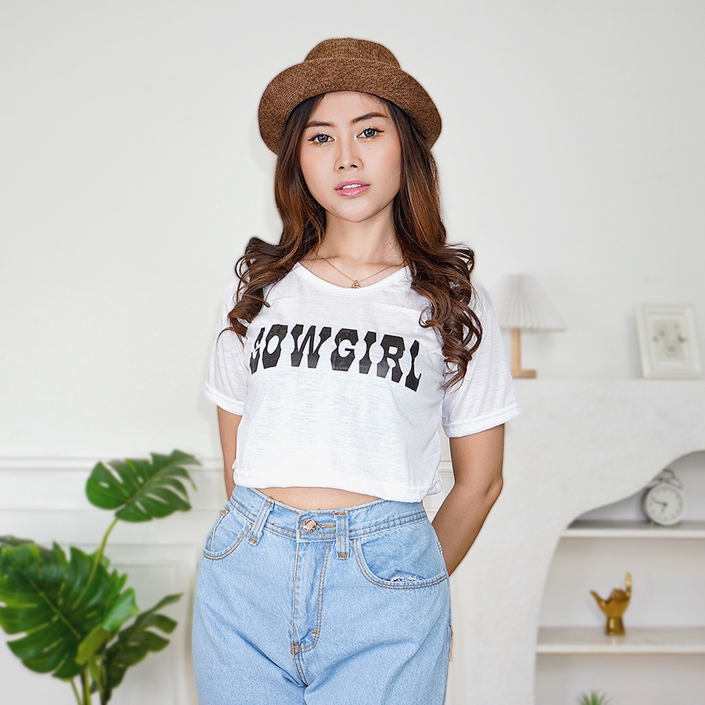 Tq88indonesia Fashion Baju Atasan Wanita Terbaru /  Crop Cow Girl / Kaos Oblong  Lengan Pendek / Busana Casual Cewek