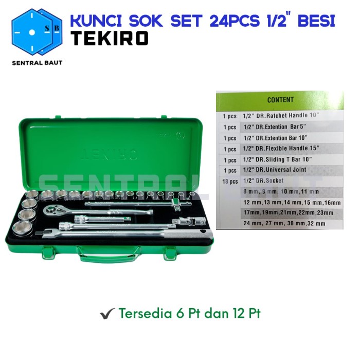 SENTRAL BAUT || Kunci Sok Set 24pcs 1/2" Box Besi TEKIRO