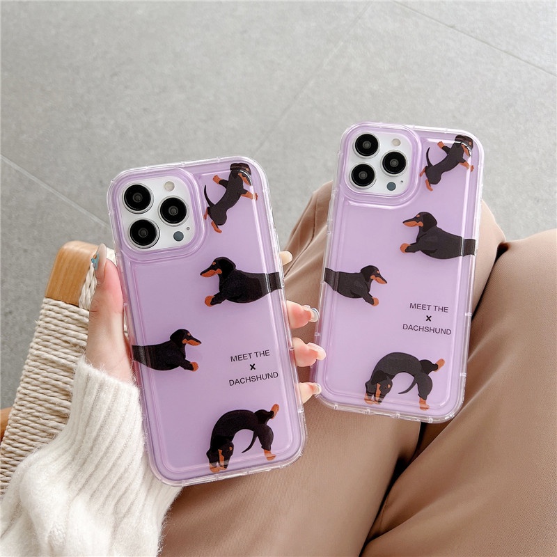 Casing Soft Case TPU Transparan Motif dachshund Ungu Untuk IPhone 14 13 12 11 Pro Max Plus