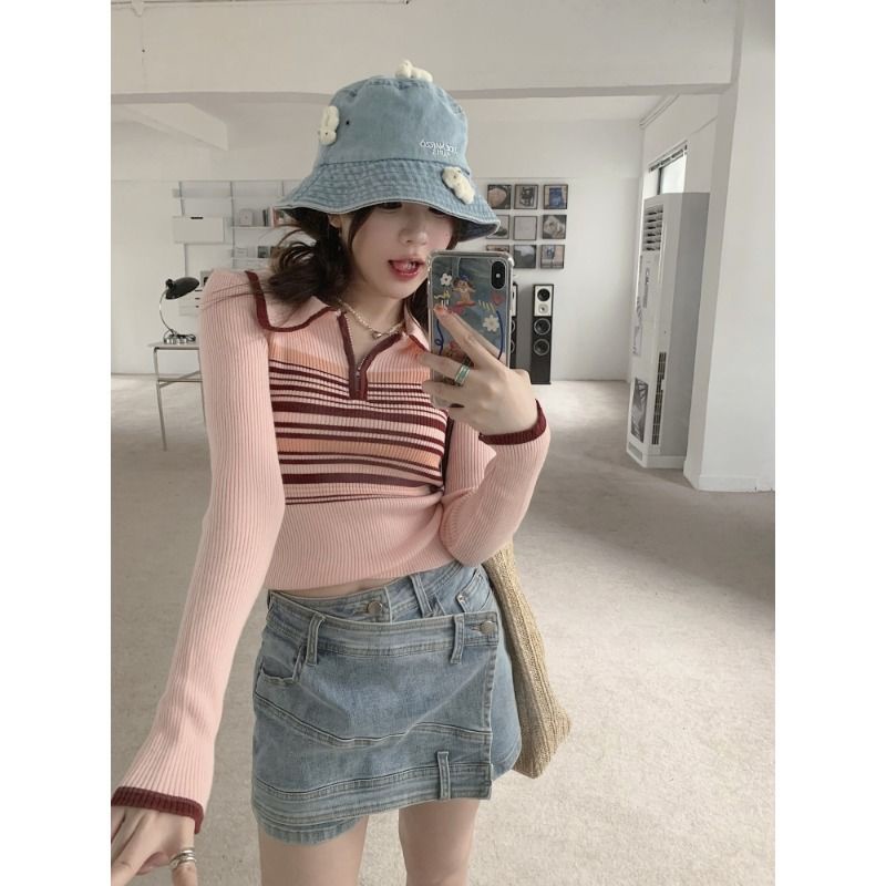 Red Korea Bergaris Polo Kerah Rajutan Sweater Wanita Musim Gugur Tipis Lengan Panjang Kemeja Bottoming Gaya Asing Pendek Niche Top Pakaian Dalam
